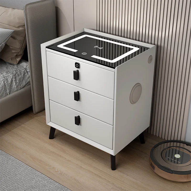 

3 Drawers Smart Bedside Table with Wireless Charging Solid Wood Bedroom End Table with Fingerprints Lock Hotel Nightstands