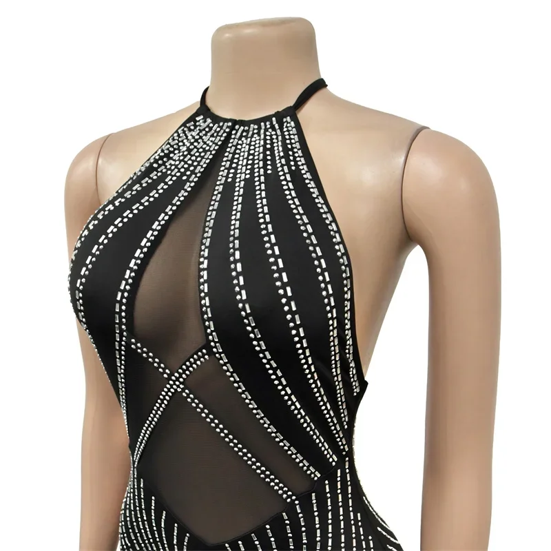 Sparkly Rhinestones Diamonds Sheer Mesh Bodycon Dresses for Woman Rave Club Birthday Party Night Club Backless Sexy Mini Dress