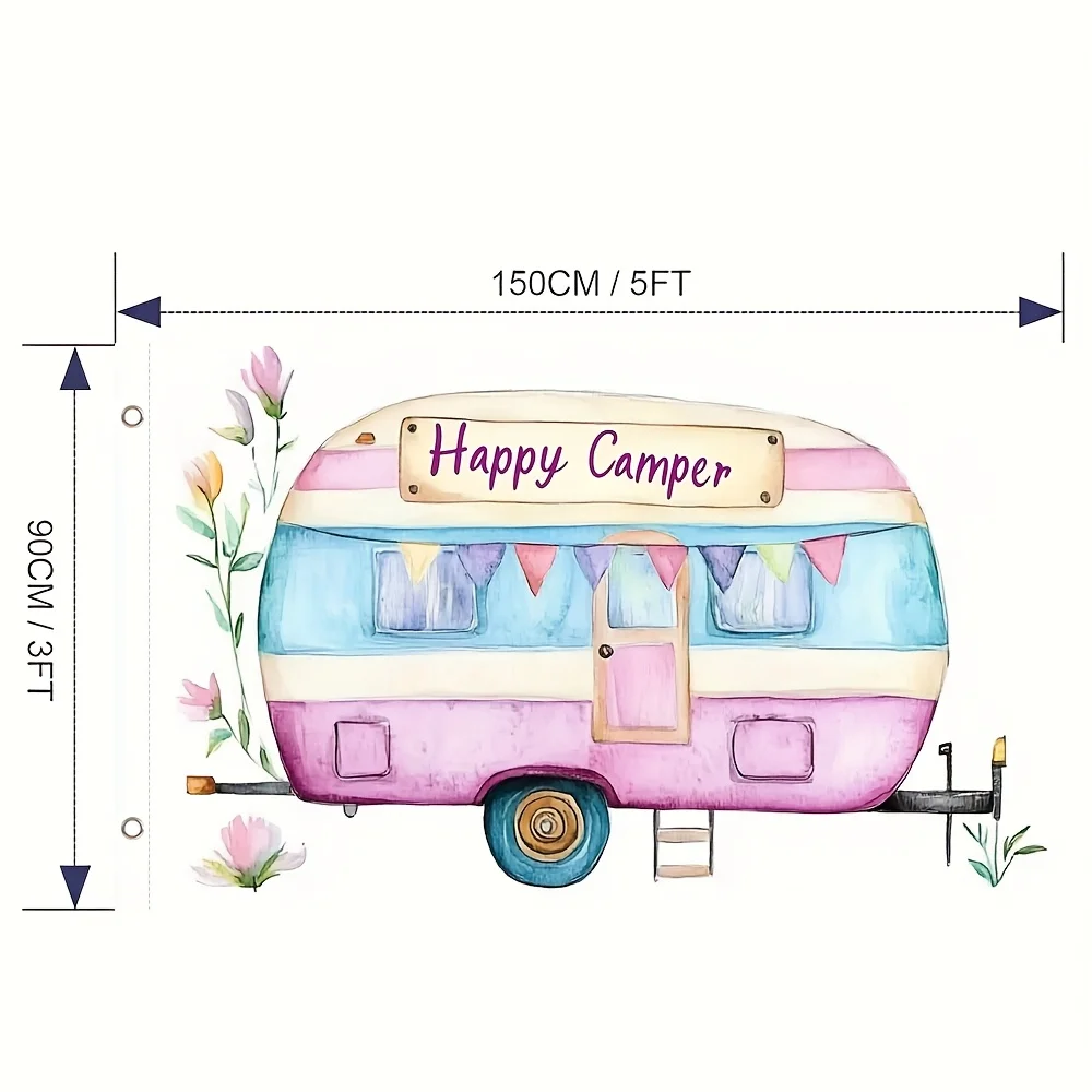 Happy Camper Vintage Trailer Garden Flag Premium Outdoor Yard Decor Art Seasonal Flag