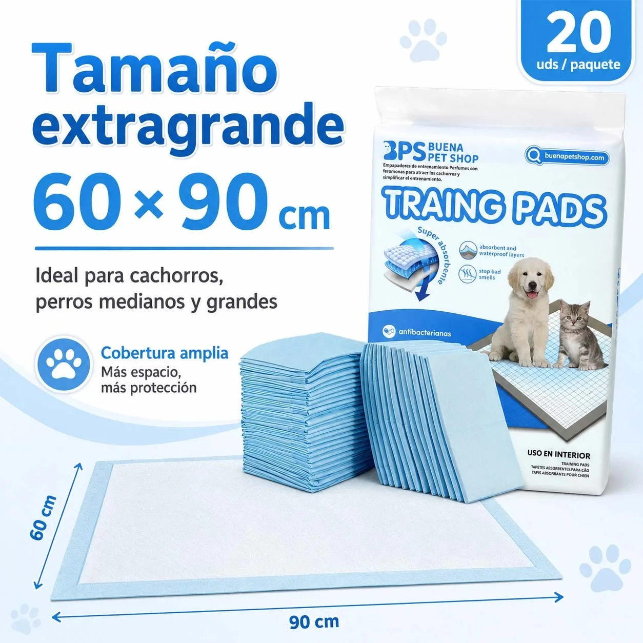 Tapis d'entraînement pour chiens et chats 60x90cm, 20 unités, coussinets absorbants 5 couches avec gel polymère, base imperméable anti-fuite et contrôle des odeurs pour animaux de compagnie
