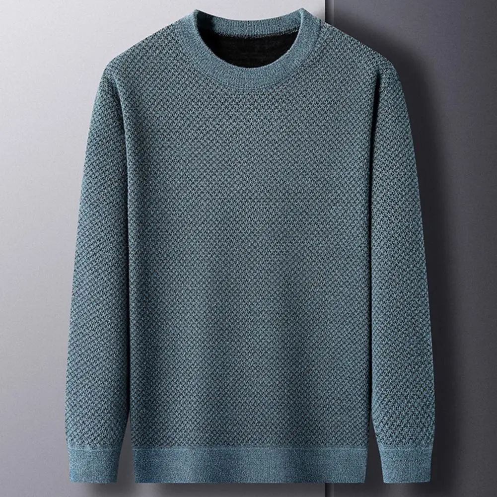 Fall Winter Men Sweater Thickened Plush Round Neck Long Sleeve  Knitted  Top  Solid Color Pullover Mid Length Mid-aged Men Top