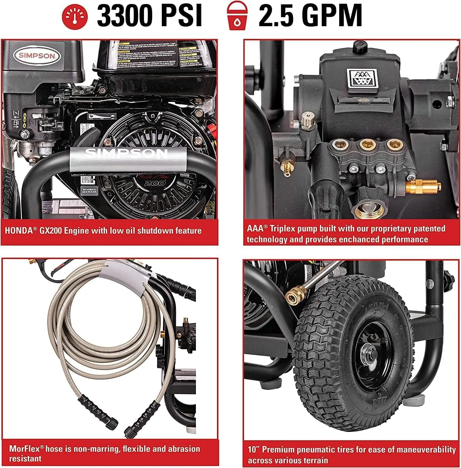 Air Pressure Washer, 2.5 GPM, GX200 Engine, Includes Spray Gun and Extension Wand, 5 QC Nozzle Tips, 5/16