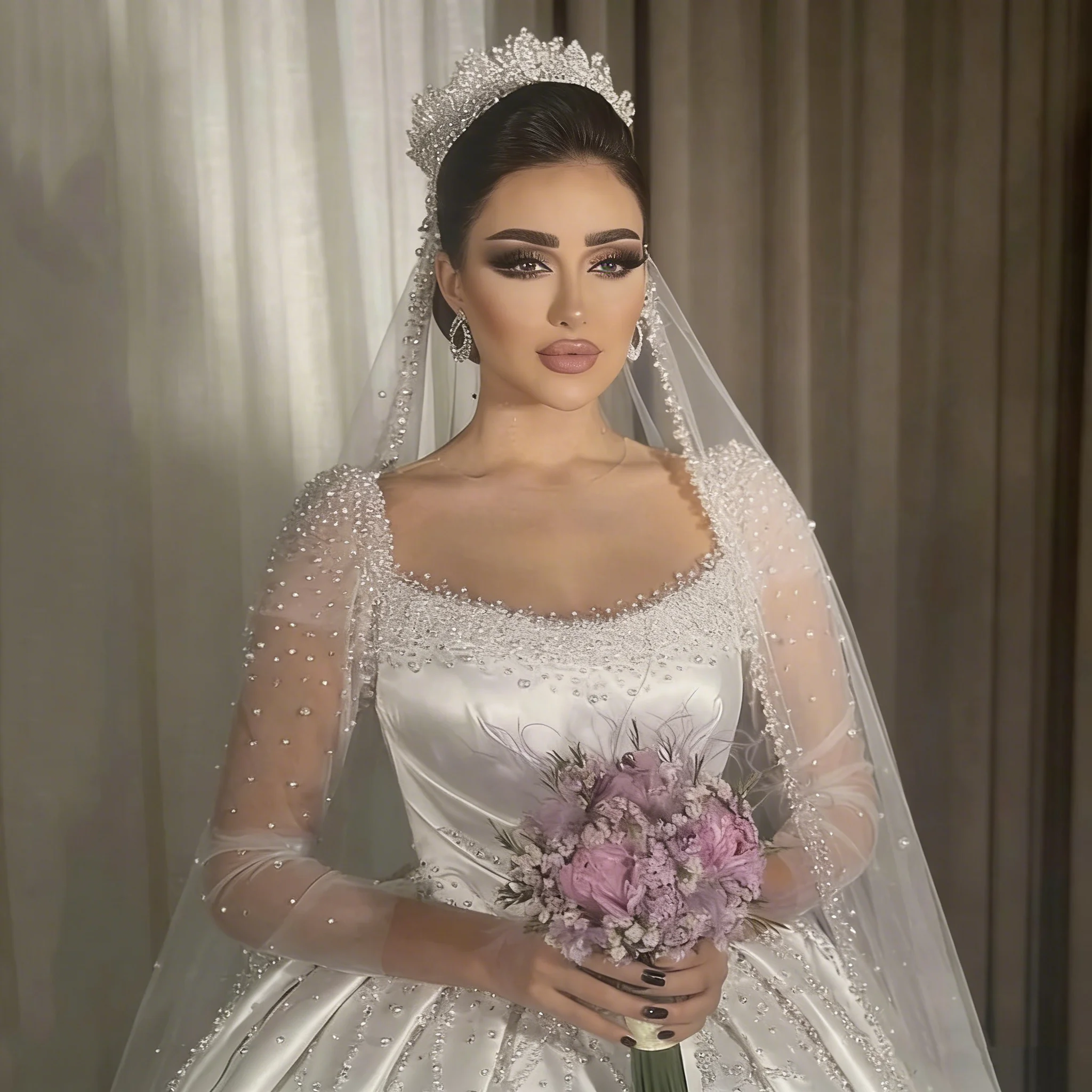 

Индивидуальное роскошное арабское свадебное платье с длинными рукавами, жемчужно-белое, А-силуэт, принцесса, бальное платье для невесты