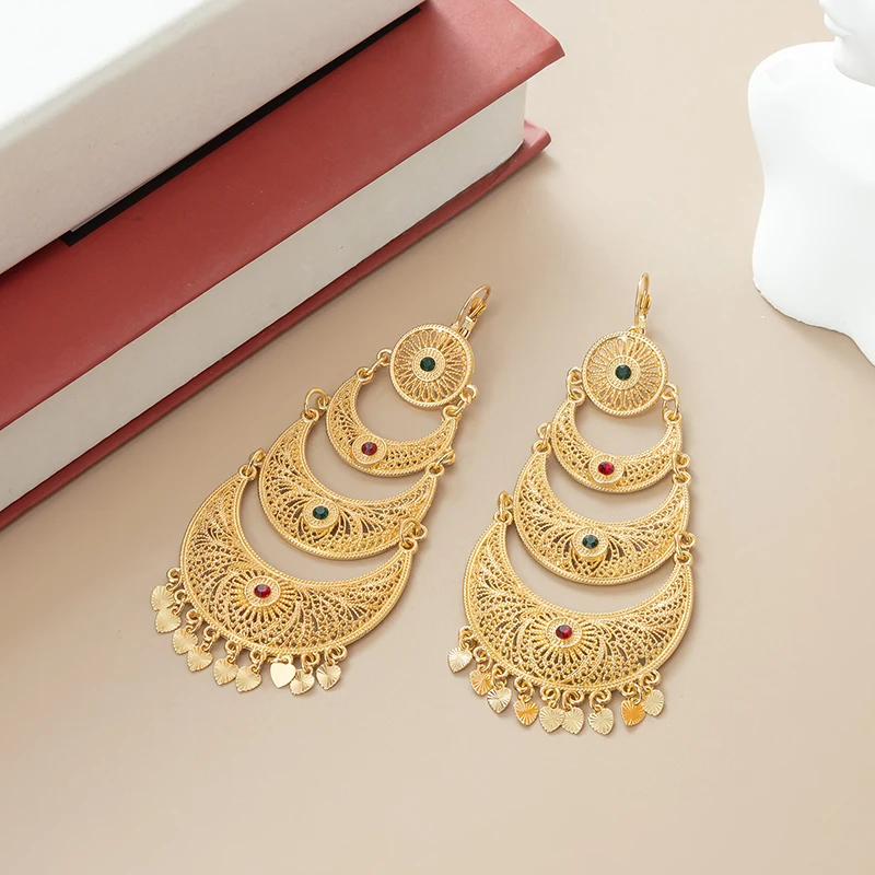 

Fatima Wedding Hanging Earrings Gold Color Bride Jewelry Gift Gold Color Algeria Long Drop Earrings For Women Traditional