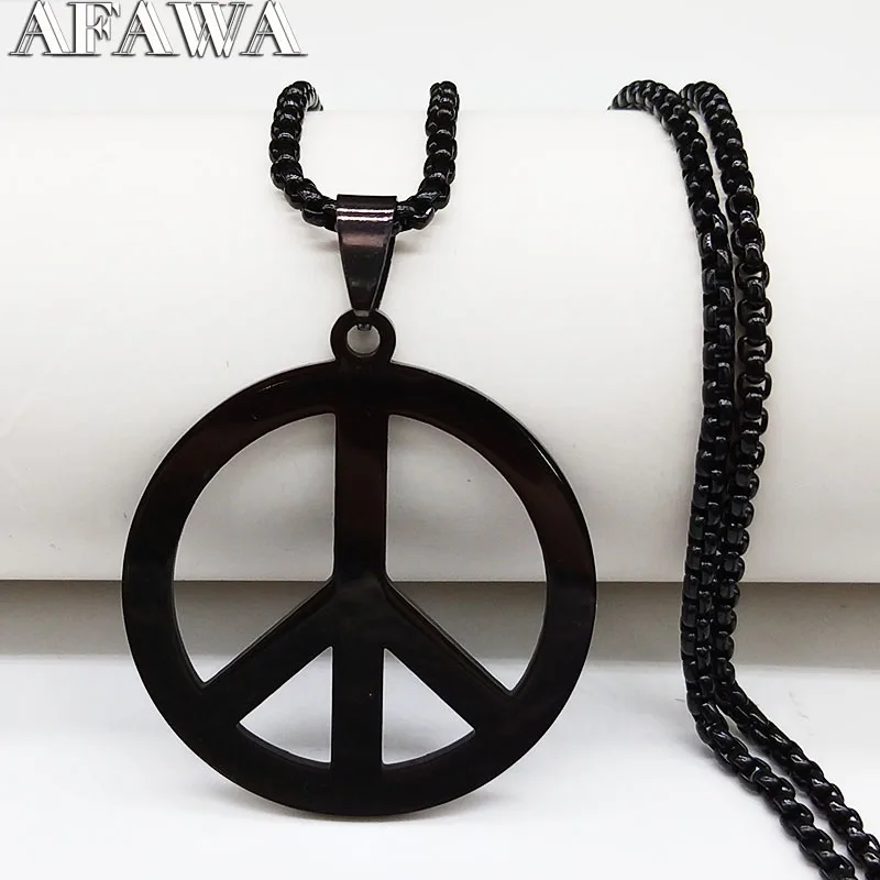 Goth Punk Peace Sign Symbol Pendant Necklace Men Black Color Stainless Steel Peaceful Match Chain Jewerly cadenas mujer N438S02