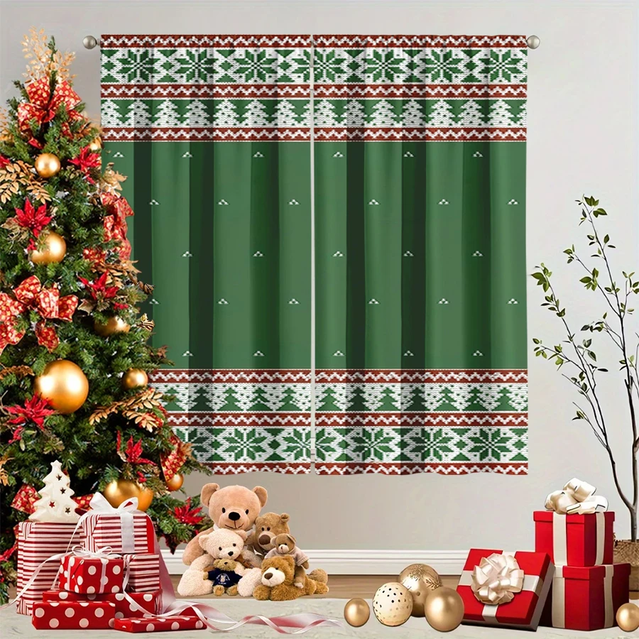 2PCS Christmas Winter Curtains, Knit Border Snowflake Tree Green Red Fair Isle, Digital Print, Bedroom Living Room, Home Decor