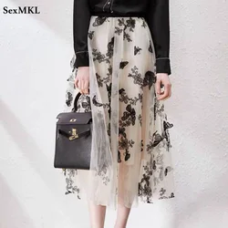 Vintage Butterfly Embroidery Midi Skirts Women High Waist Casual Faldas Largas ajustadas Korean Style Mid Length Tulle Skirt y2k