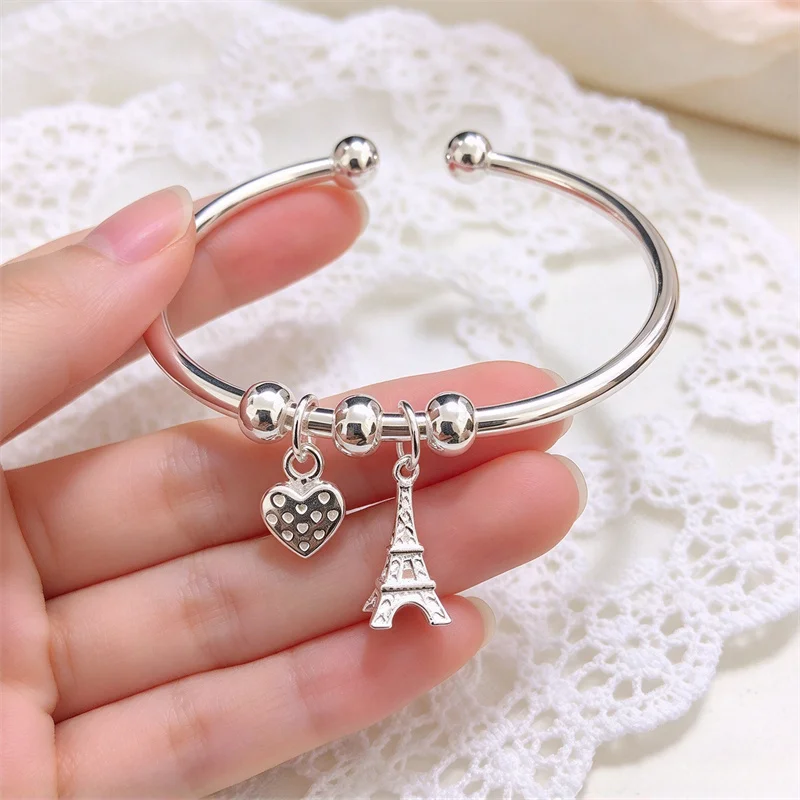 OUYADI 999 Sterling Silver Open Cuff Bangle for Women, Eiffel Tower & Heart Charm Silver Bracelet Jewelry Gift
