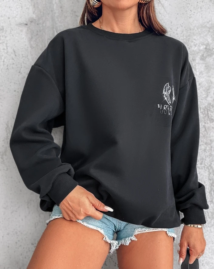 Women's Sweatshirts 2024 Autumn Fashion Rhinestone Letter Wings Pattern Crewneck Drop Shoulder Long Sleeve Casual Sweatshirt