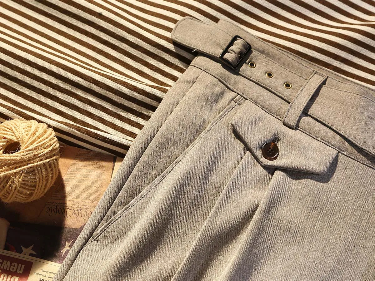 POT&CRAFTSMAN men's high-density micro-stretch Goulger casual pants gray khaki herringbone pattern tapered Slim 9 pants pants
