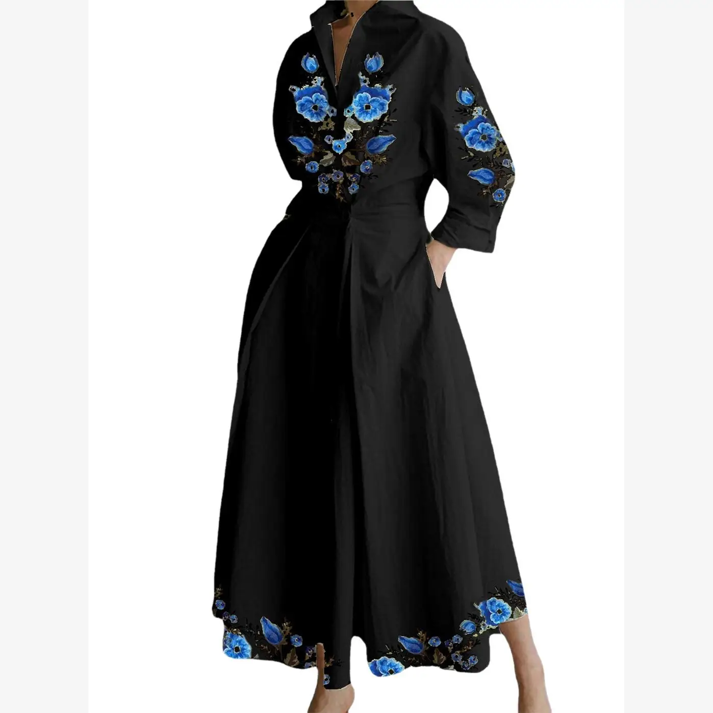 เสื้อผ้าผู้หญิงใหม่ประจำฤดูใบไม้ผลิปี 2024 ลายพิมพ์ คอตั้ง ไหล่เดียว ติดกระดุมเอว ทรงเอไลน์ ยาว ดีไซน์หวาน สไตล์เกาหลี เอวสูง