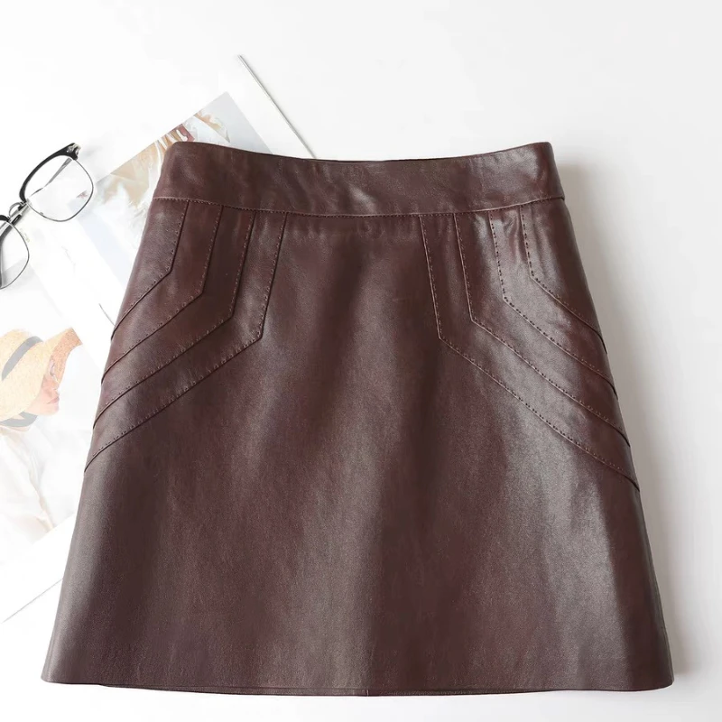 Minifalda de cuero auténtico para mujer, minifalda corta Sexy en forma de A con parte delantera, 100% de piel de oveja de gama alta, moda 2025