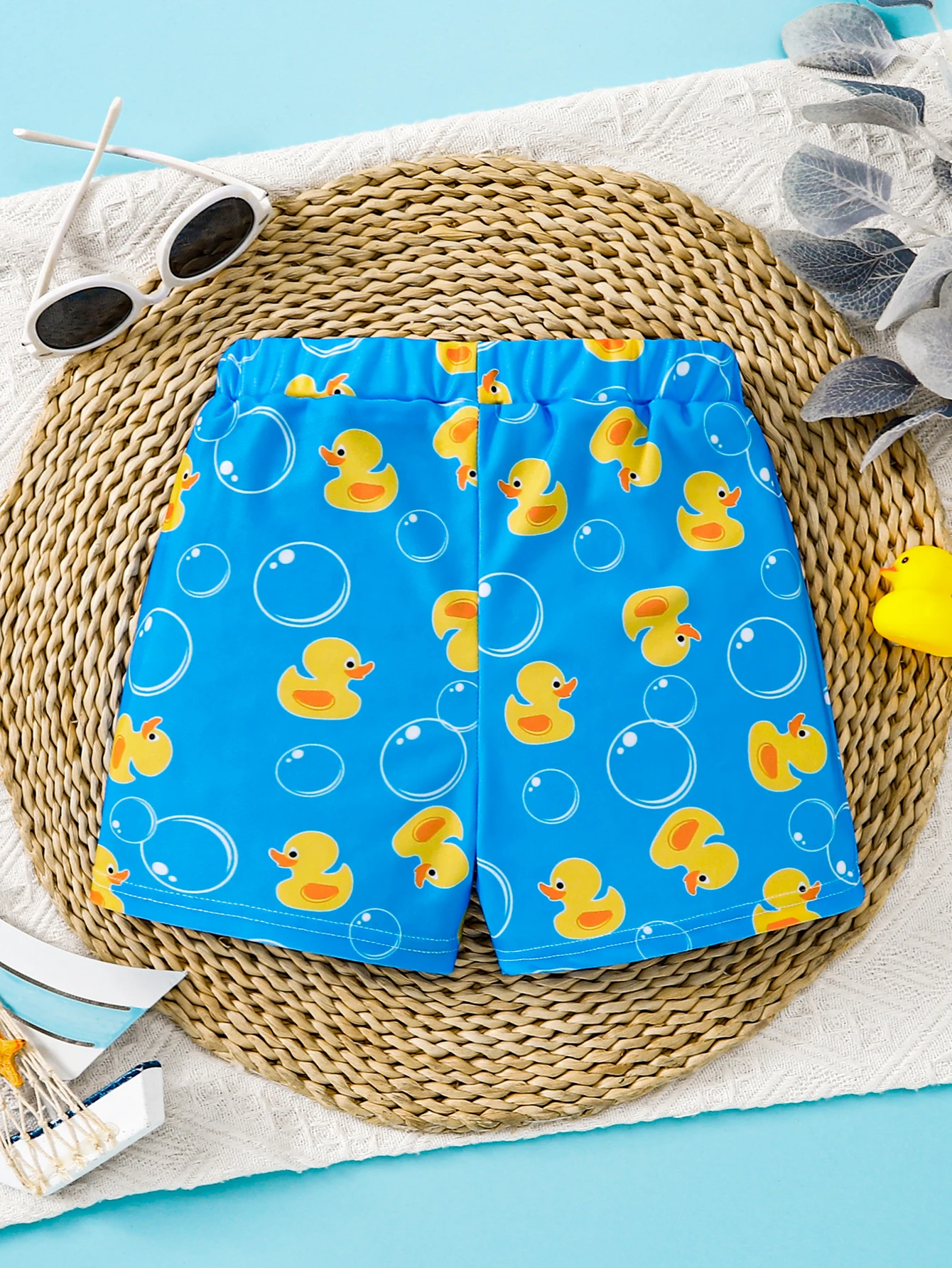 1pc Summer Baby Boys Yellow Duck Bubble Print Swim Shorts, Drawstring Elastic Waist Beach Trunks, Cute Kids Swimwear, Pool/Beach