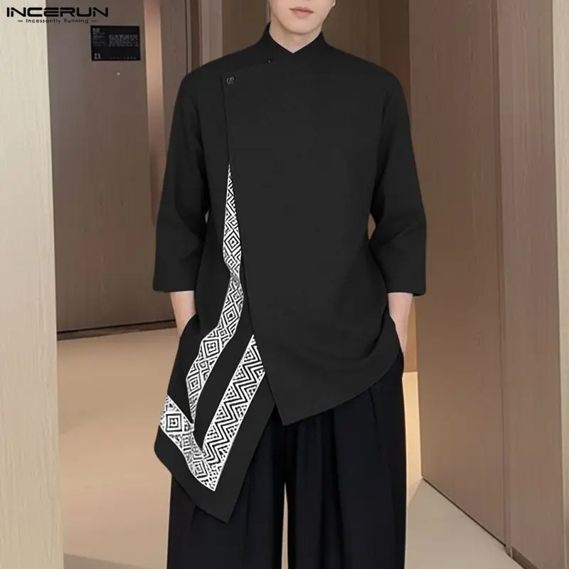 

INCERUN Men's Irregular Shirt Patchwork Stand Collar 3/4 Sleeve Men Clothes Tops Streetwear 2026 Stylish Casual Shirts For Man