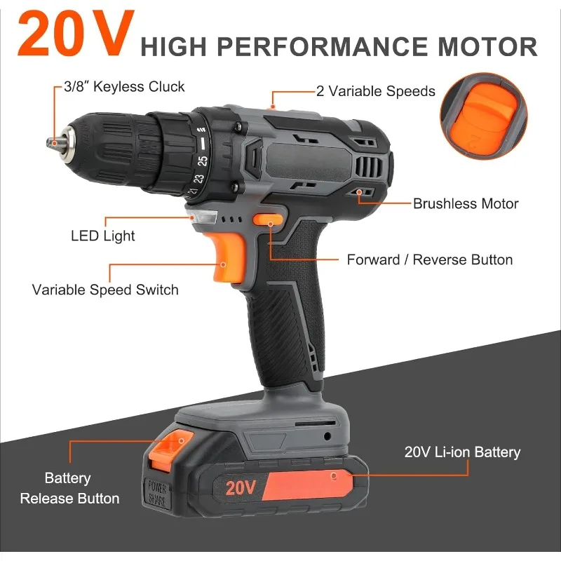 Cordless Drill Set, 20V Electric Power Drill Set,3/8