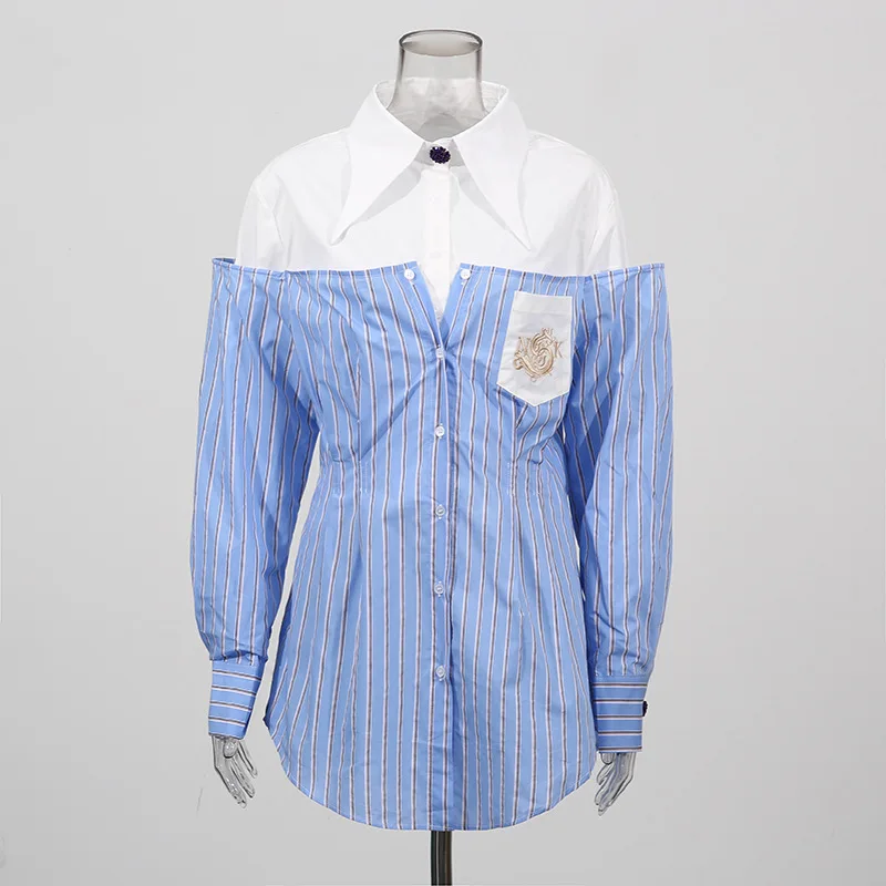 ZAMOR HIGH STREET Designer Striped Faux Two-Piece Shirt Women 2026 New Long Sleeve Patchwork Single-Breasted Blouse