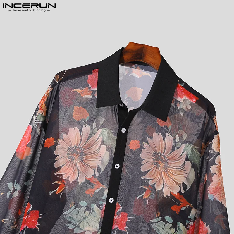 INCERUN Men Shirt Flower Printing Lapel Long Sleeve Streetwear Transparent Men Clothing 2024 Vacation Fashion Sexy Camisas S-5XL