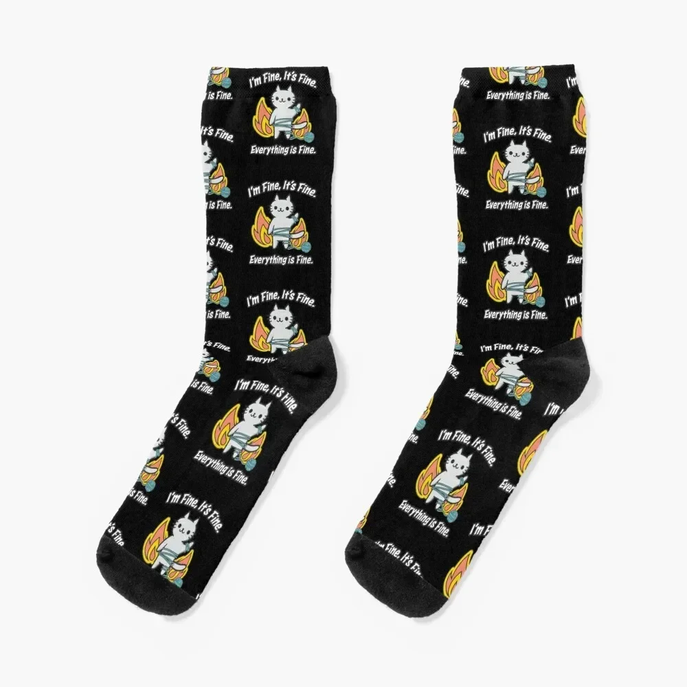 Funny I'm Fine, It's Fine, Everything Is Fine Meme Kitten Cat Mental Health Kawaii 20202 Graphic Socks