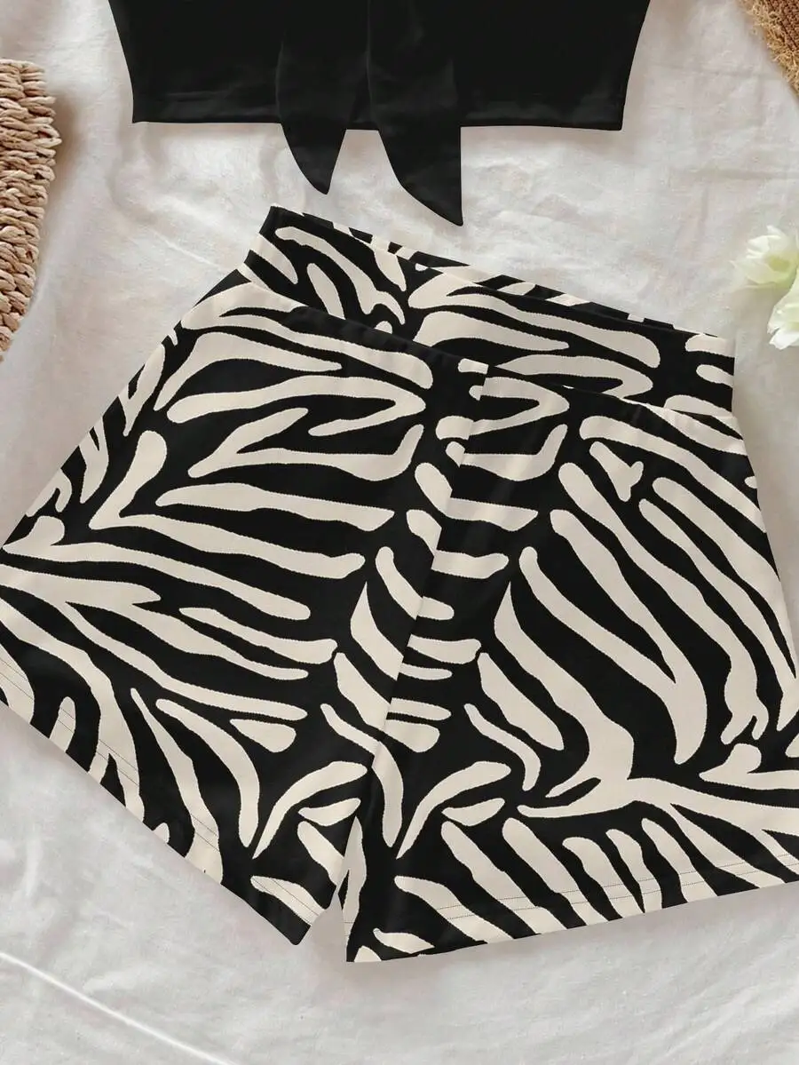 여성용 얼룩말 프린트 크롭 탑 & 반바지 세트, 블랙 보우 프론트, 여름 해변 캐주얼 의상
