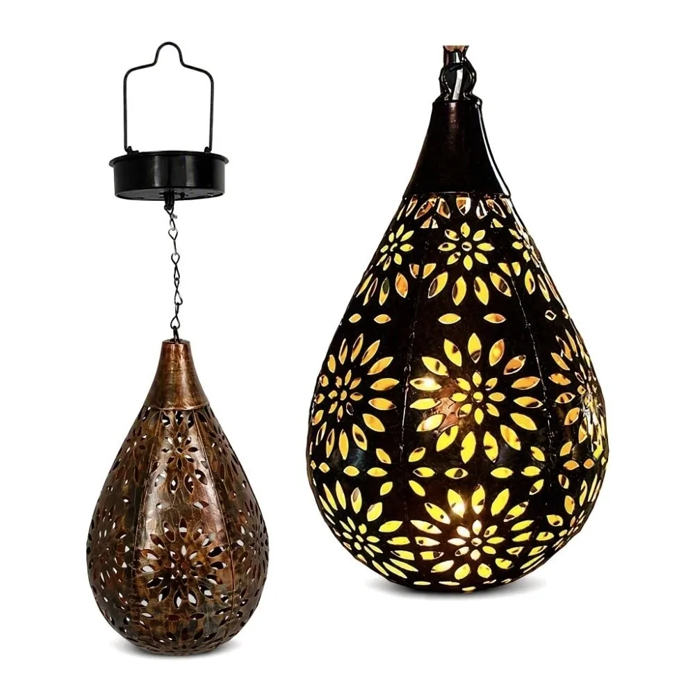 Hollow Iron Solar Hanging Lanterns Copper Color Auto On Off Garden Solar Lamp Easy Installation Moroccan Style