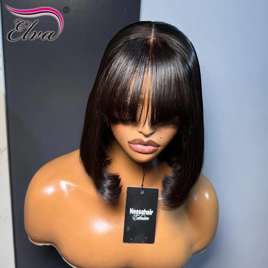 Silky Straight Bob Wig With Bangs 13X6 Transparent Lace Frontal Gluless Wig Preplucked 100% Human Hair Ready To Wear Woman Wigs