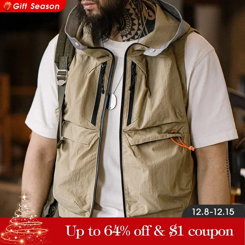 Maden Outdoor Quick Dry Men\'s Vest Multi-pocket Hooded Camping Fishing  Mountain Waistcoat Tactical Hunting Sleeveless Jackets