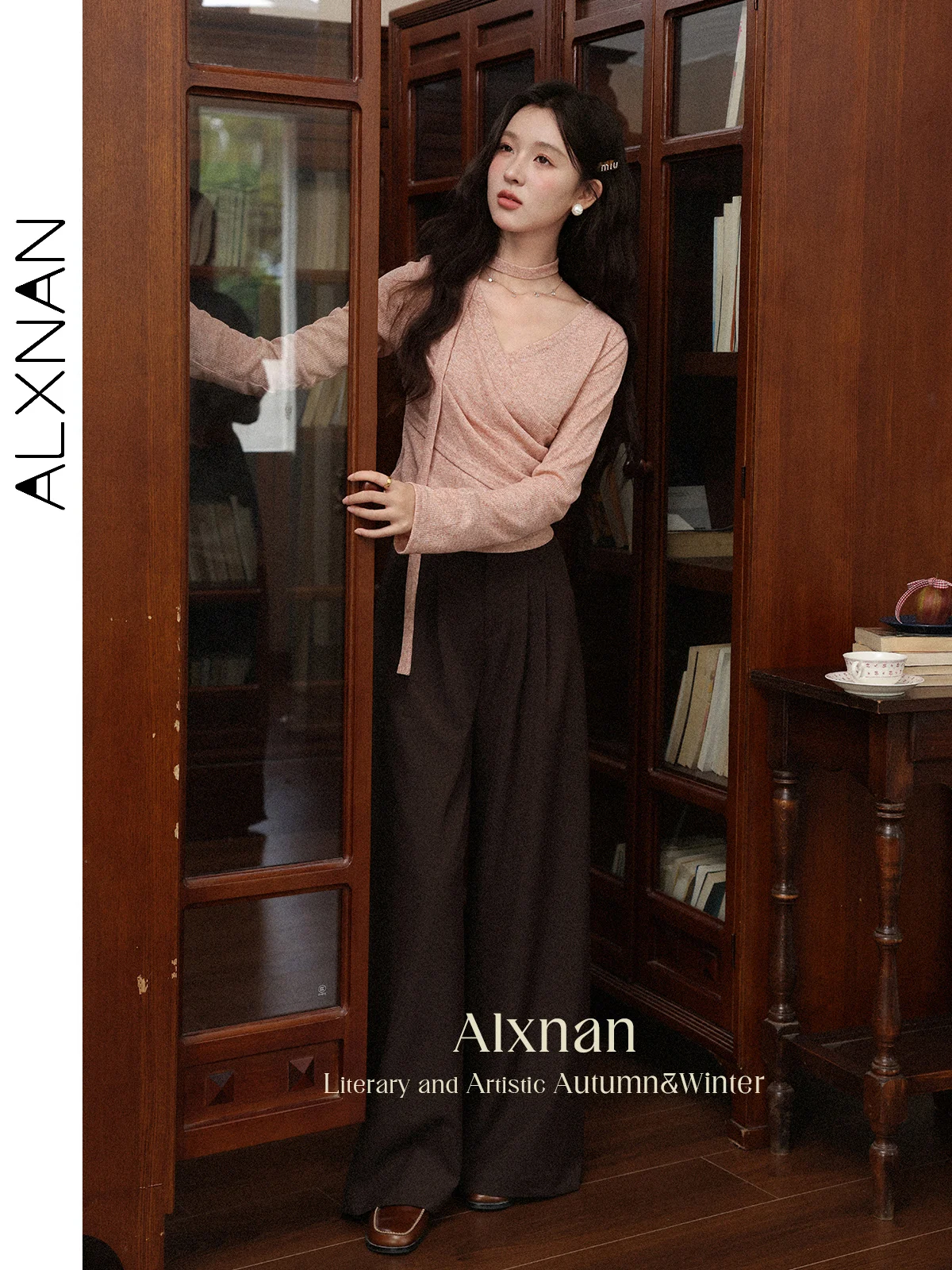 ALXNAN Women's Pants Brown Casual Wide-leg Baggy Pants 2025 Autumn Loose-fit Straight Office Lady Pleated Trousers Female L56713