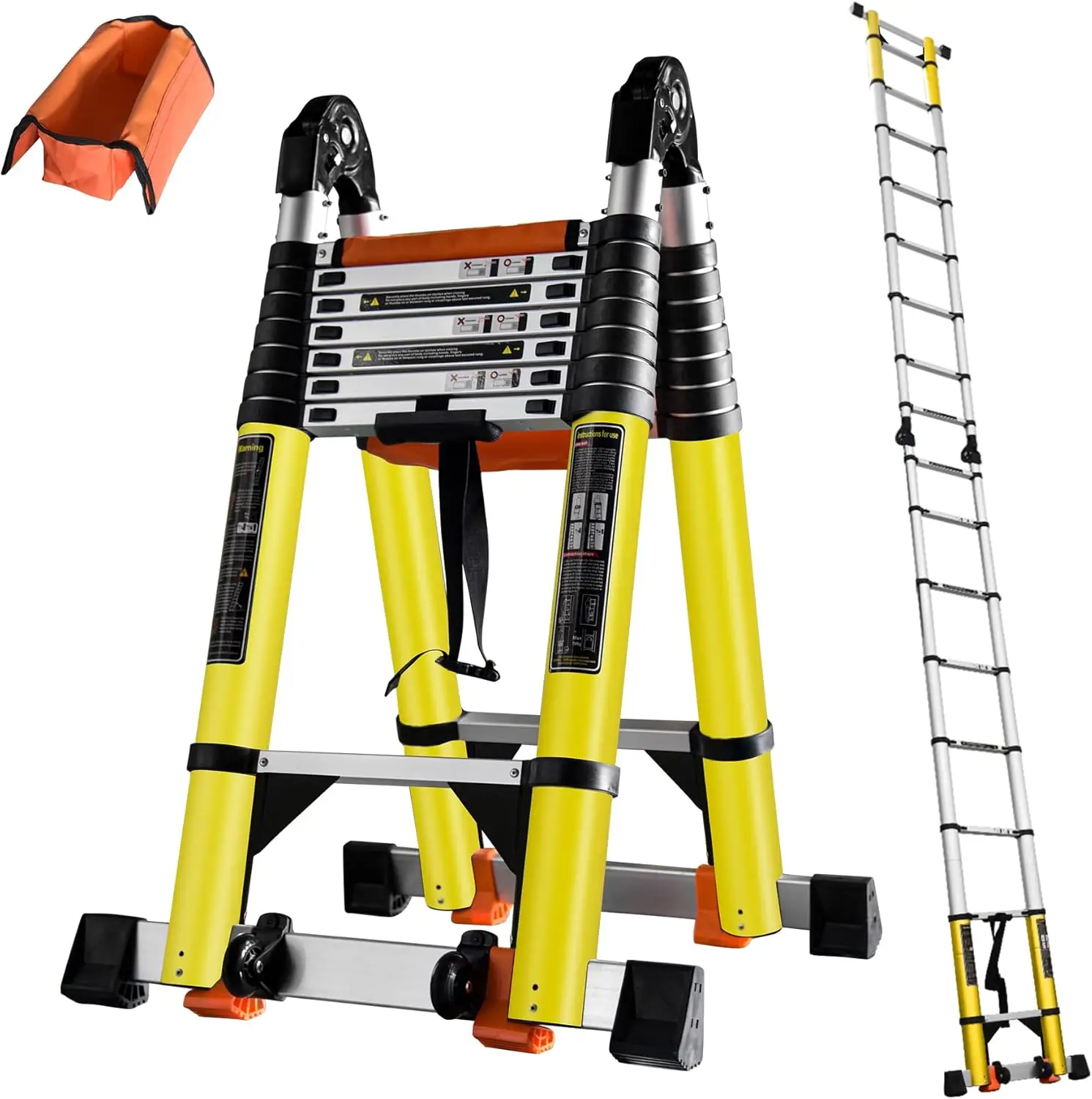 A Frame Telescoping Ladder w. Double Balance Bar/Wheels/Tools Bag, Type-A Collapsible Ladder Adjustable Extension Ladder 8+