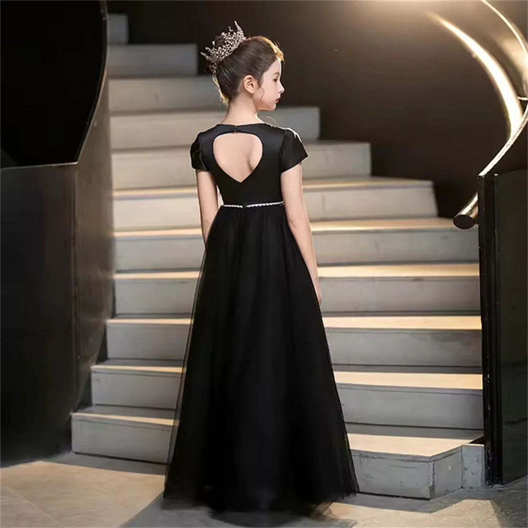 Flower Girl Dress Children's Elegant Black Mesh Back Hollow Dress Girl's Christmas Dress Children's Evening Dress