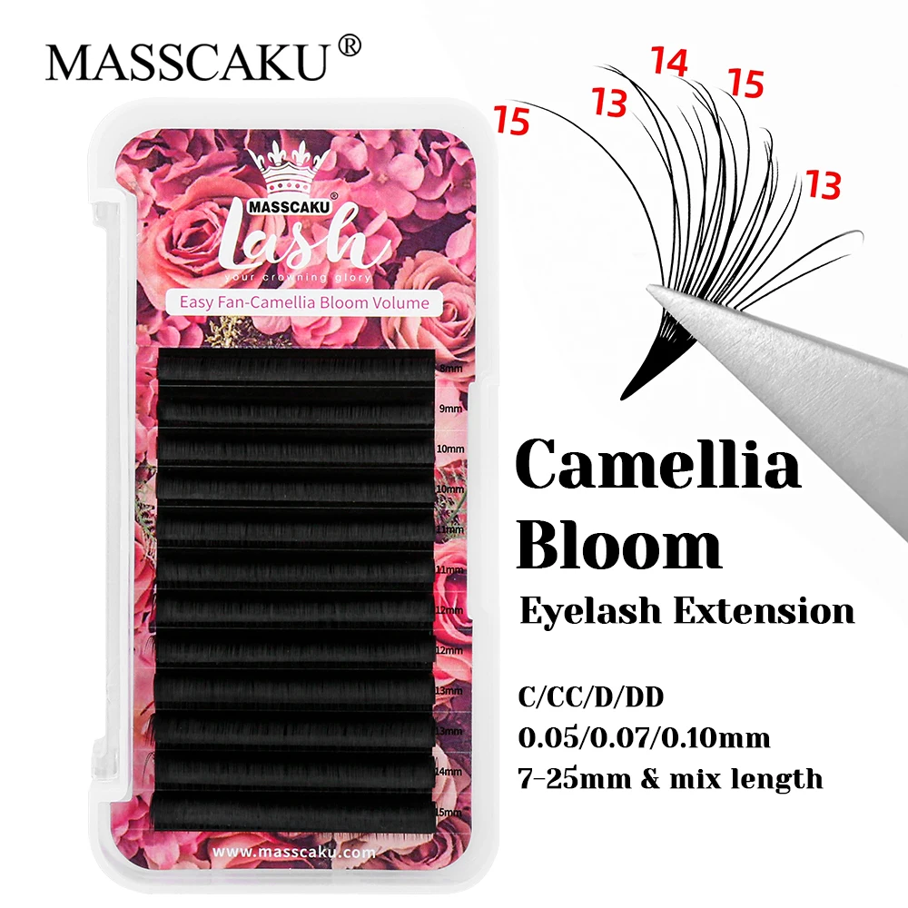 Hot Sale MASSCAKU Matte Black Premium Faux Mink Rapid Blooming Lashes 8-20mm and Mix Size Wispy Auto Fanning Eyelashes Bundles