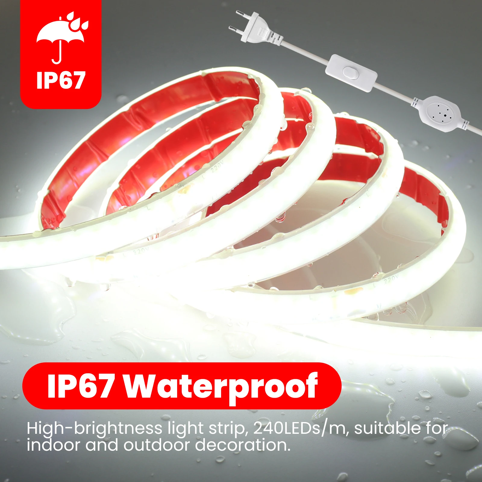 

AC 220V COB Strip 240Leds/M 3000K 4000K 6000K IP67 Waterproof Home Decor Self Adhesive Tape Flexible Ribbon Strip Light