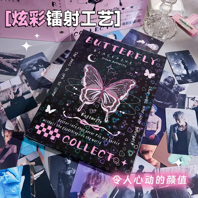 Y2K American Retro Pink Black Butterfly Card Album Aesthetic Laser Cover Girl Kpop 3-inch Photocard Collect Book 80pcs Card Slot