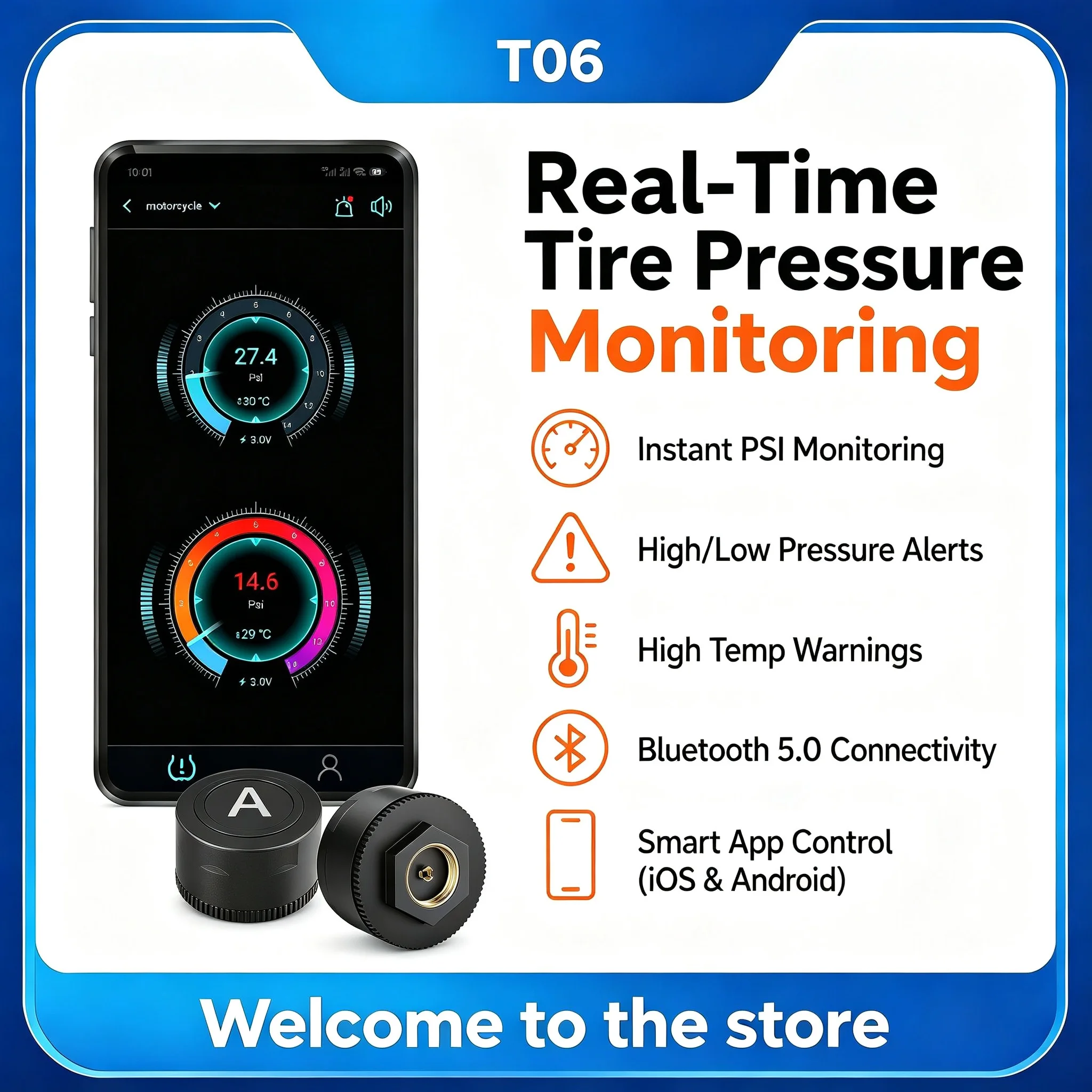 

Motorcycle TPMS Tire Pressure Monitoring System, Bluetooth 5.0 External Sensor, Real-Time Pressure & Temperature Alarm, IP67 Wat