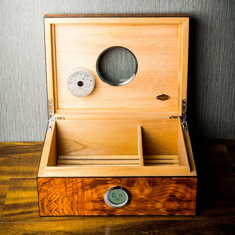 Humidor, rundes Perspektivenfenster, Zedernholz, elektronisches Temperatur- und Luftfeuchtigkeitsmessgerät, Feuchtigkeitscreme