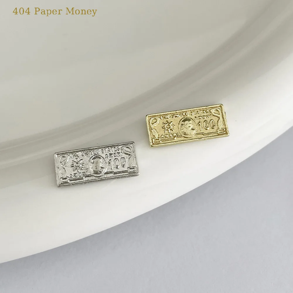 

-Paper Money-Punk 100 Dollars Nail Charms Modelled Paper Currency Metal Ornaments Be Rich Gold Silver Money Nail 3D Alloy 404art