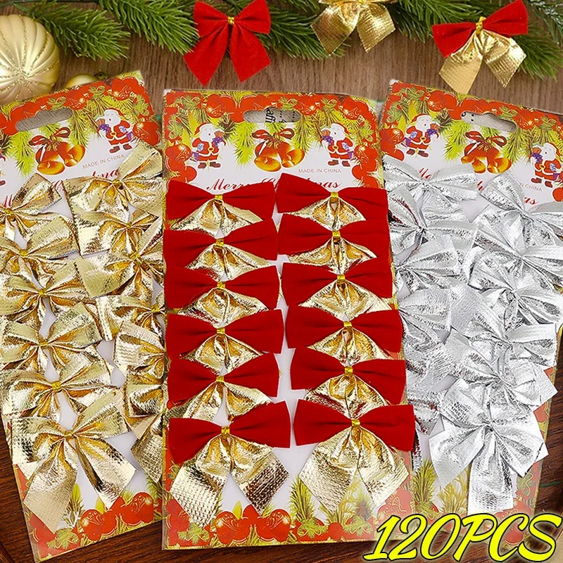 12/120PCS Christmas Tree Bow Sets Red Gold Silver Bowknot Pendant Ornaments DIY Home Christmas New Year Party Decoration Supply