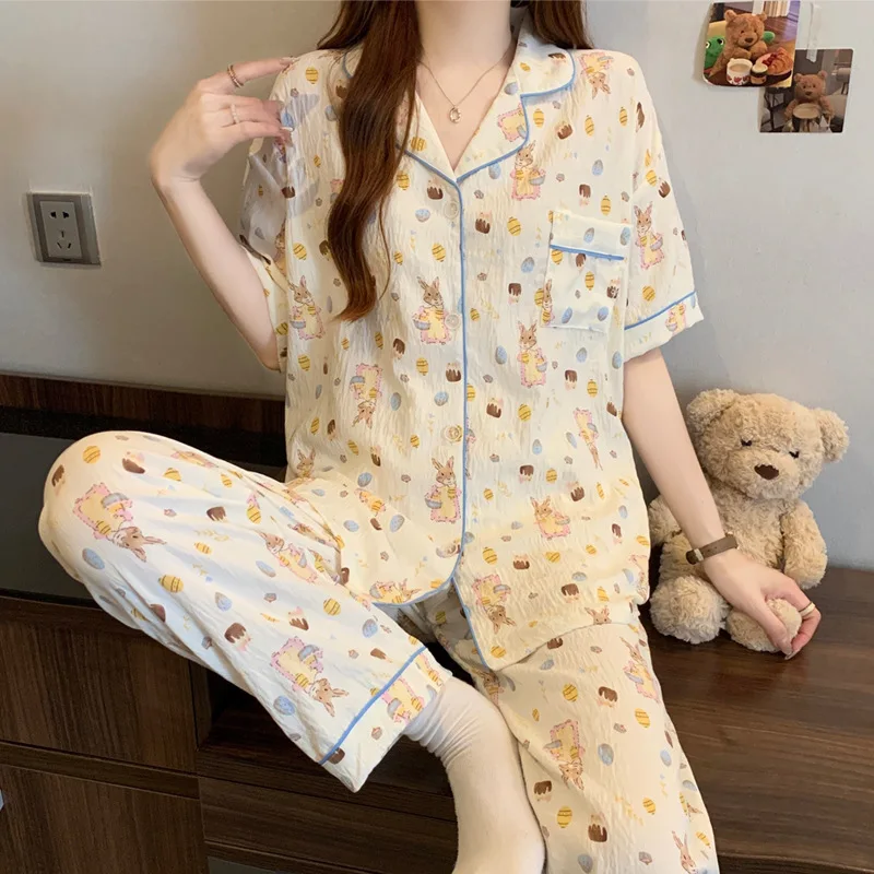 

Новые женские летние хлопковые пижамы с короткими рукавами Dessert Bunny Ins Cloudy, длинные штаны с короткими рукавами для девочек, пижамный комплект домашней одежды