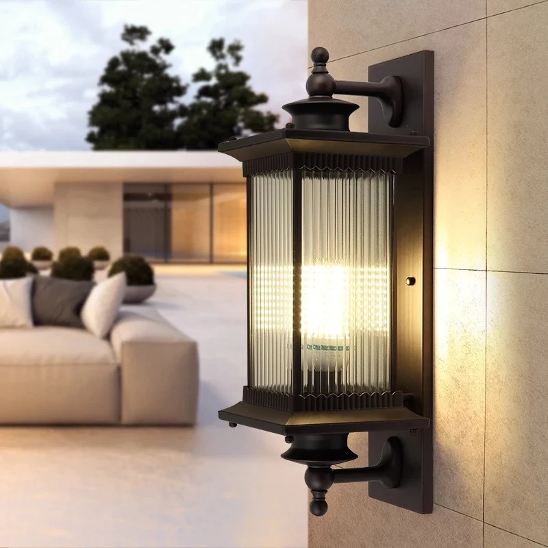 Large Aluminum Outdoor glass Wall Lamp LED Antique Brown Courtyard Hotel Garden lighting E27 Waterproof Villa Gate Light sconce
