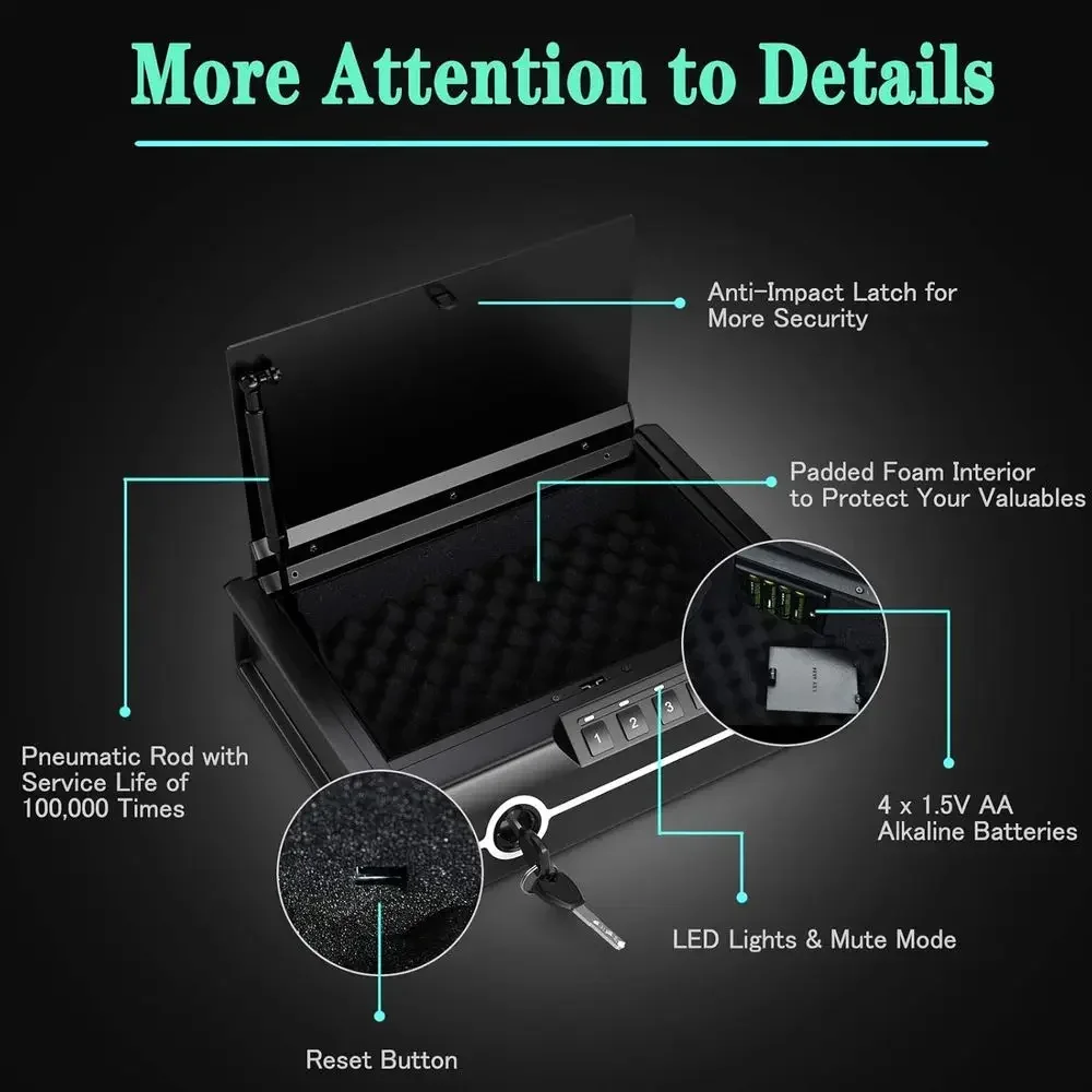 Biometric Fingerprint Safe for 2 Pistols or Home with Auto-Open Lid and Backup Keys
