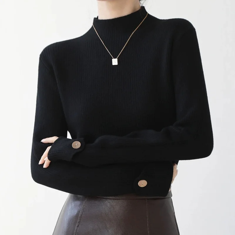 Women Half Turtleneck Fleece Lined Knit Sweater Button Cuff Thick Warm Inner Basic Layering Top