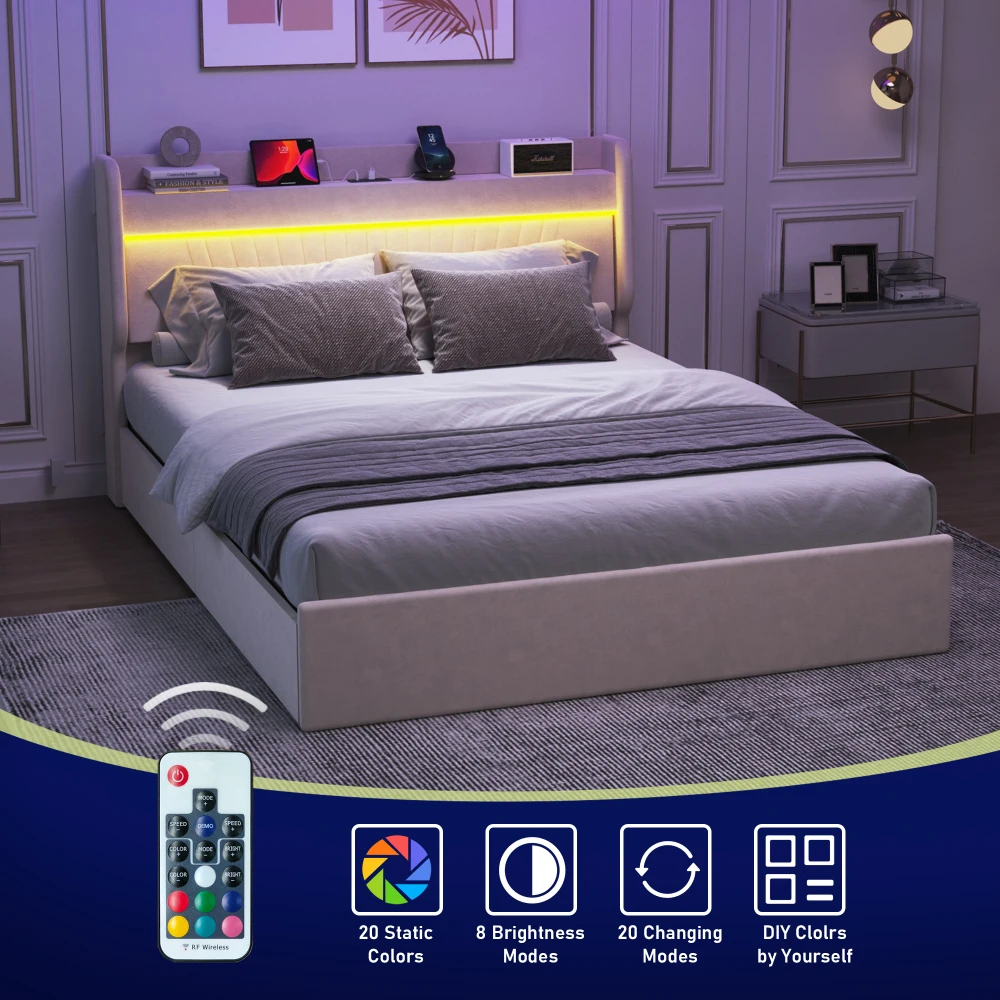 Rangka Tempat Tidur Queen dengan Headboard berlapis kain penyimpanan dan 4 laci, lampu LED & stasiun pengisian daya, stabil tanpa kotak pegas diperlukan