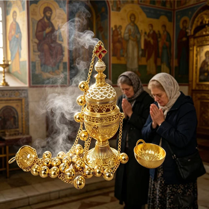 Vintage vergoldeter orthodoxer hängender Weihrauchbrenner mit 24 Glocken aus Emaille für den Heimaltar, Gebet, Andacht, christliche religiöse Dekoration – Detail 2
