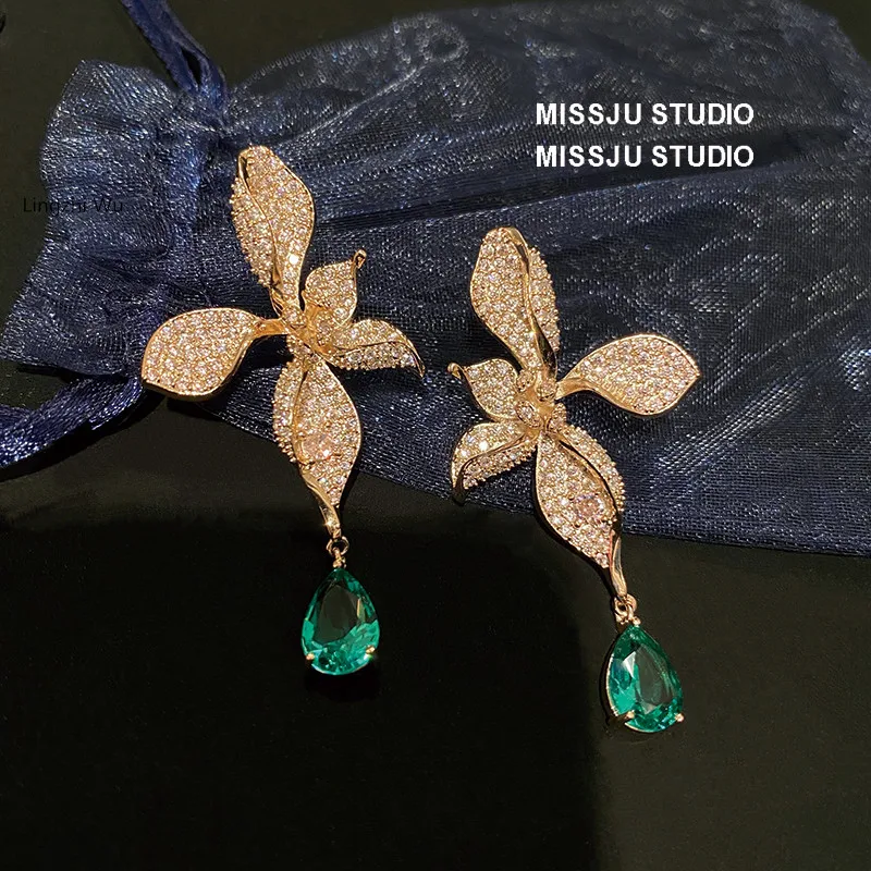 Lingzhi Wu-Green Water Drop Earrings, Three-Dimensional Flower, Elegant Zircon, Unique Luxury, Top Quality, New Arrival