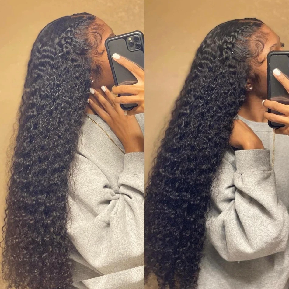 Perruque Lace Wig frisée brésilienne naturelle, cheveux humains, Deep Wave, pre-plucked, 13x6, 30/40 pouces, HD, pre-plucked, pour femmes