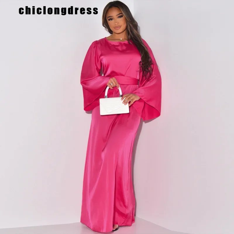 

Autumn Fashion Elegant Satin Dress Muslim Women Solid Loose Flare Sleeves Lace Up Robe Abaya Dress Women