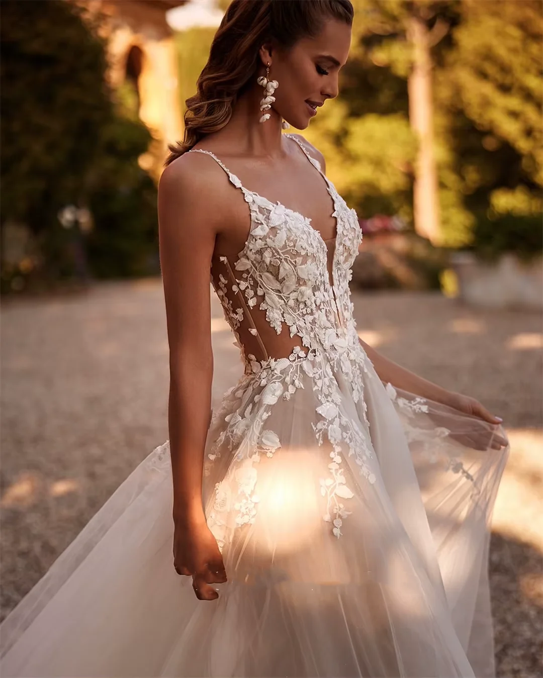 Romantische Aangepaste V-hals A-lijn Kant Tule 2025 Plooi Trouwjurken Backless Bruid Jurken Voor Vrouwen Vestido De Noiva