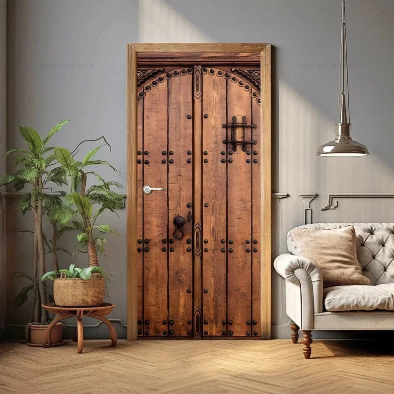 Retro Brown Wood Texture Background Door Sticker Self Adhesive Wooden Design Door Poster Wallpaper Home Decoration Stickers