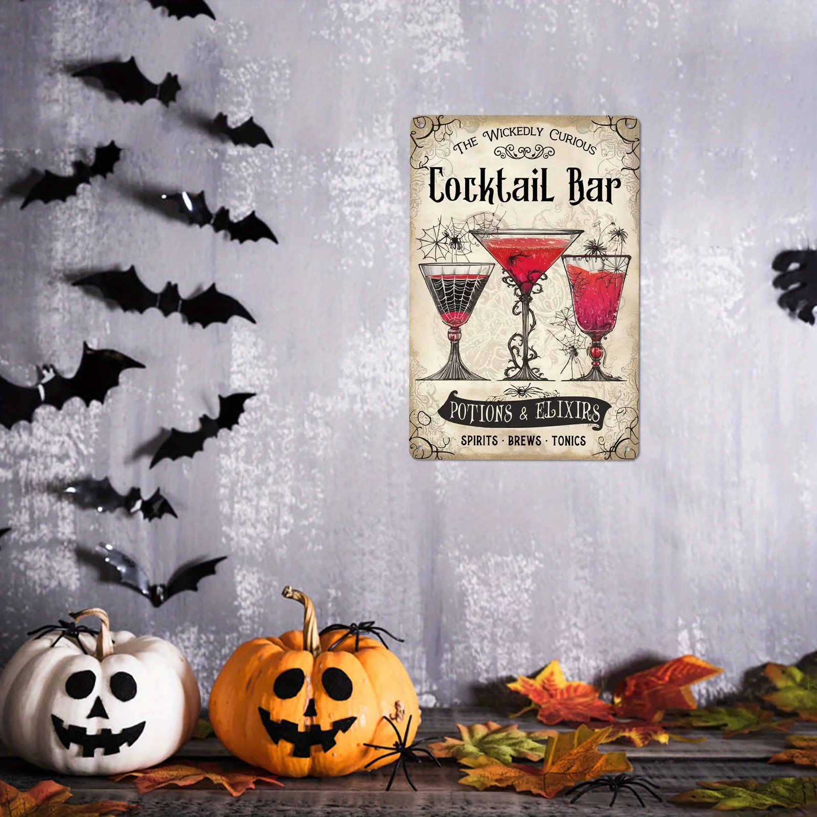 Vintage Cocktail Bar Metal Tin Sign, Wickedly Curious Potions & Elixirs Theme, UV Protected and Fade Resistant, Multipurpose