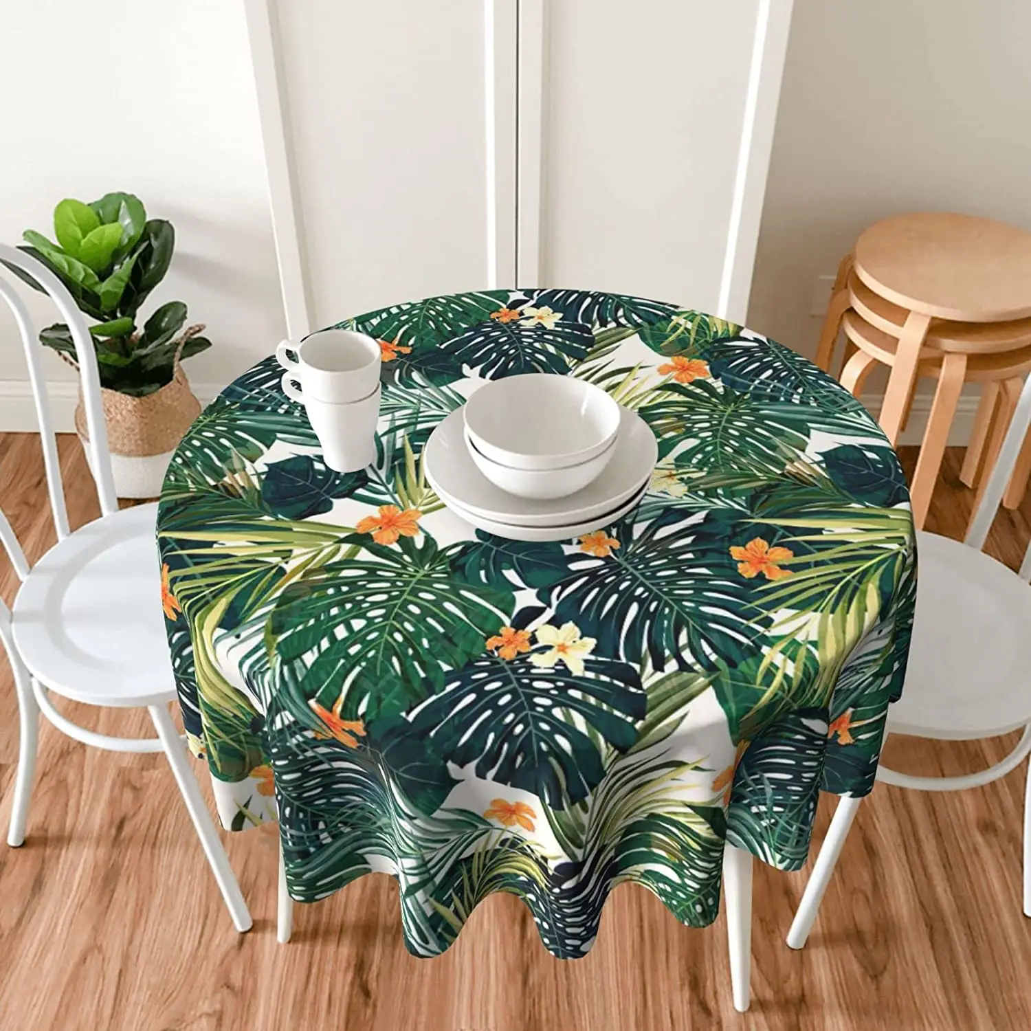 Palm Leaves Tablecloth Summer Tropical Plants Round Table Cloths Hawaiian Circular Table Cover Waterproof Wipeable Tabletop