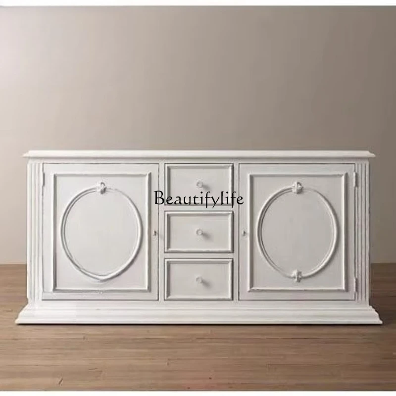 

American country solid wood TV cabinet, oak antique white food side audio-visual cabinet